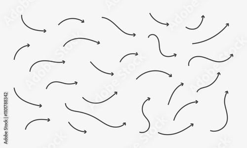 Hand drawn arrows collection. Doodle arrows moving right up side. Vector illustration on whte background