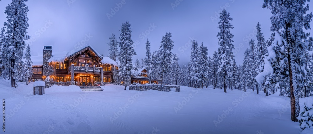 A Cozy Winter Retreat: Scenic Mountain Lodge Surrounded by Snow-Covered Pines and Soft Evening Light in a Tranquil Winter Wonderland A Cozy Winter Retreat: Scenic Mountain Lodge Surrounded by Snow-Covered Pines and Soft Evening Light in a Tranquil Winter Wonderland