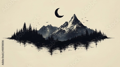 Minimalist Mountain Silhouette with Crescent Moon Adventure Landscape