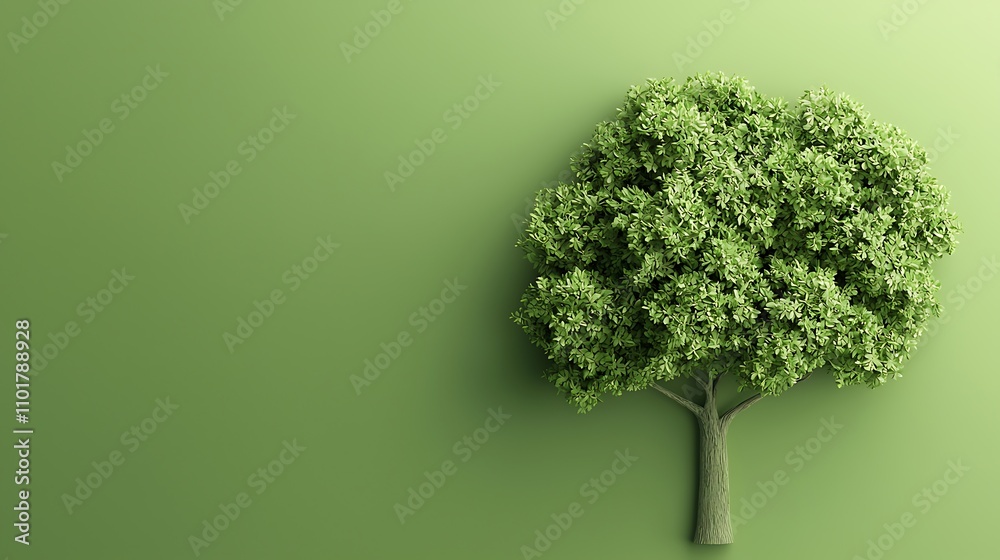 Lush Green Tree on a Solid Green Background, Minimalist Nature Scene
