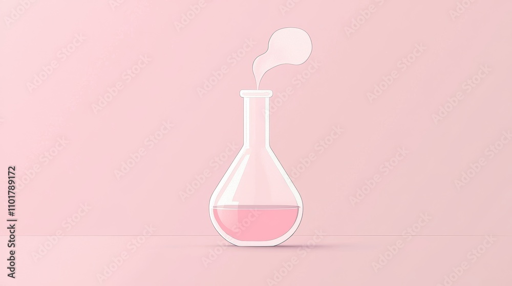 Laboratory flask with steam rising, on a flat light pink background, symbolizing scientific research and experimentation. Laboratory flask with steam rising, on a flat light pink background, symbolizing scientific research and experimentation.