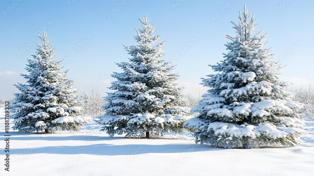 Winter Wonderland: Three snow-laden evergreen trees stand tall against a clear blue sky, creating a serene and picturesque winter scene. Winter Wonderland: Three snow-laden evergreen trees stand tall against a clear blue sky, creating a serene and picturesque winter scene.