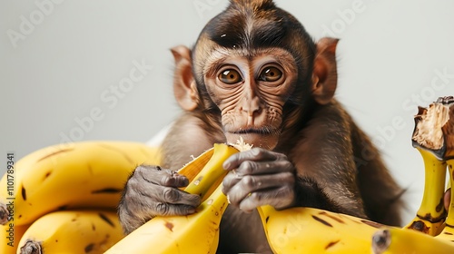 A mischievous monkey playing with a bunch of bananas, peeling them on a white background