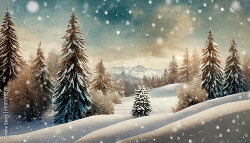 Charming Vintage Christmas Wallpaper: Winter Landscape with Snow, Serene Fir Trees, and a Nostalgic Seasonal Atmosphere in a Picturesque Forest Setting Perfect for Festive Backdrops (