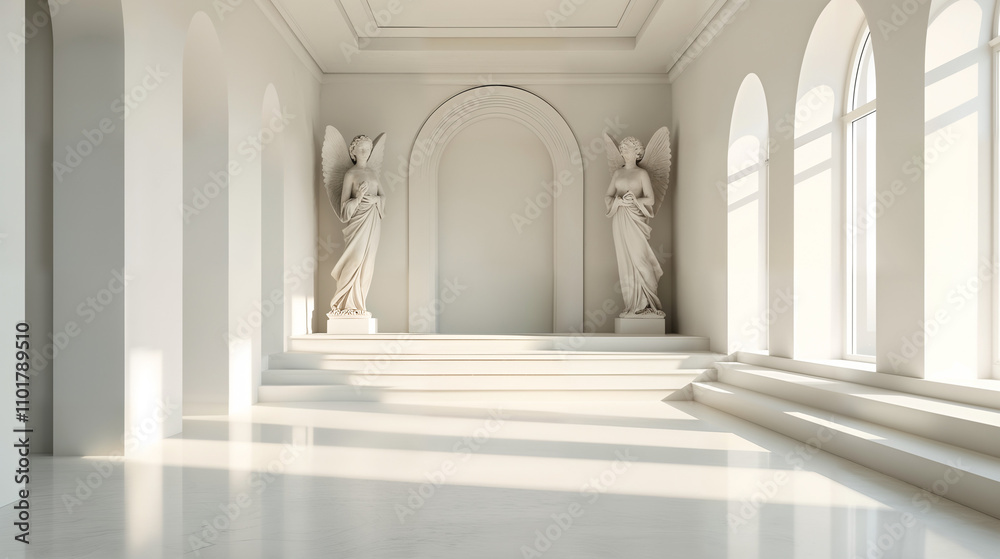 Fototapeta premium Elegant White Hall with Statues and Lighting