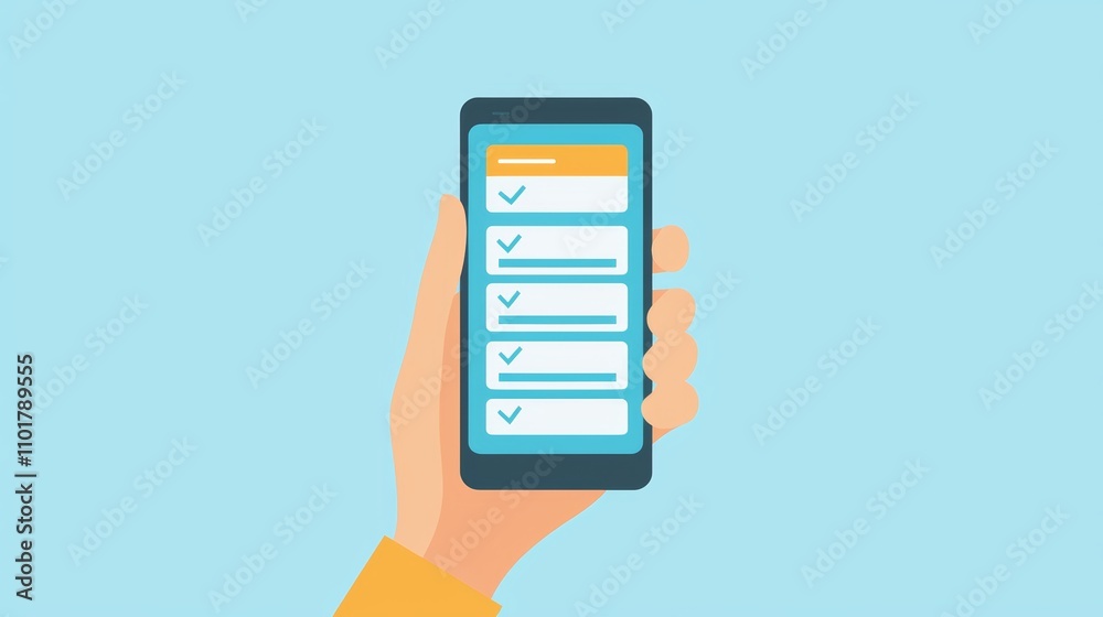 Hand holding a smartphone displaying a task list, representing multitasking and staying organized on the go. Vector illustration. Hand holding a smartphone displaying a task list, representing multitasking and staying organized on the go. Vector illustration.