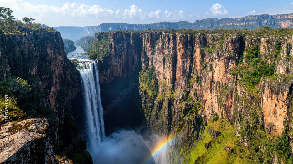 Naklejka premium powerful waterfall plunges into deep canyon, creating mist and rainbow