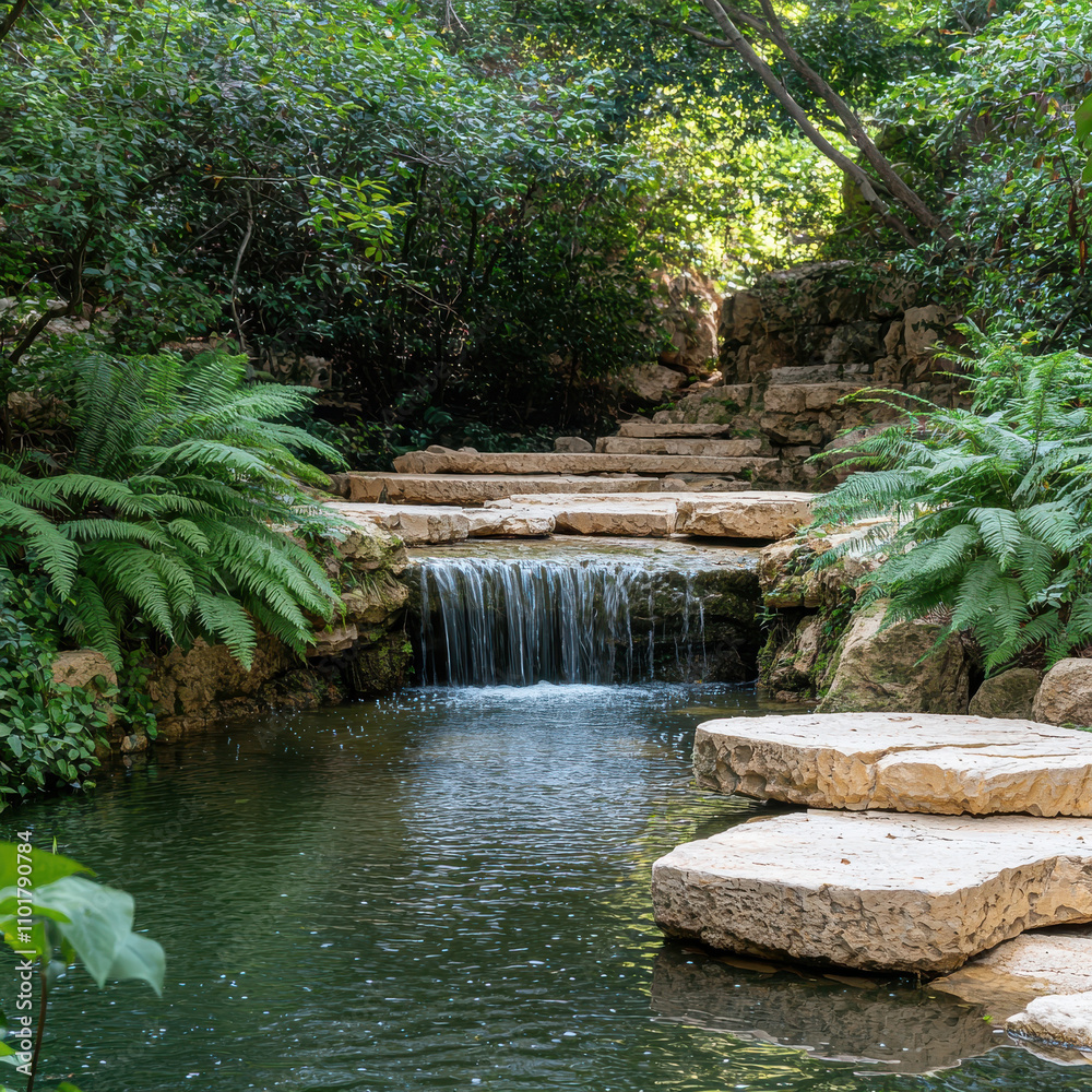 serene small waterfall flowing into tranquil pool surrounded by lush greenery