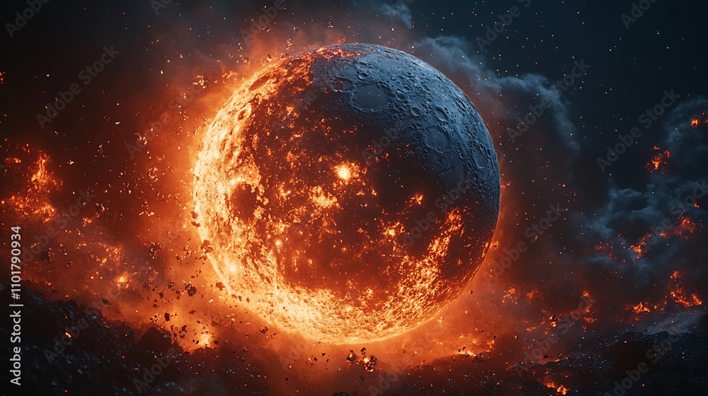 Fototapeta premium Crumbling Moon Causing Catastrophic Tidal Waves and Earthquakes in the Night Sky