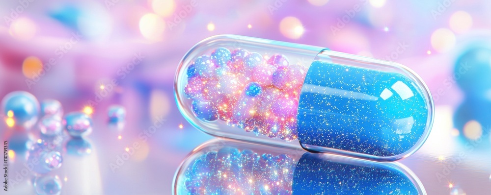 Colorful glitter capsule abstract art digital illustration vibrant colors close-up health and wellness concept Colorful glitter capsule abstract art digital illustration vibrant colors close-up health and wellness concept