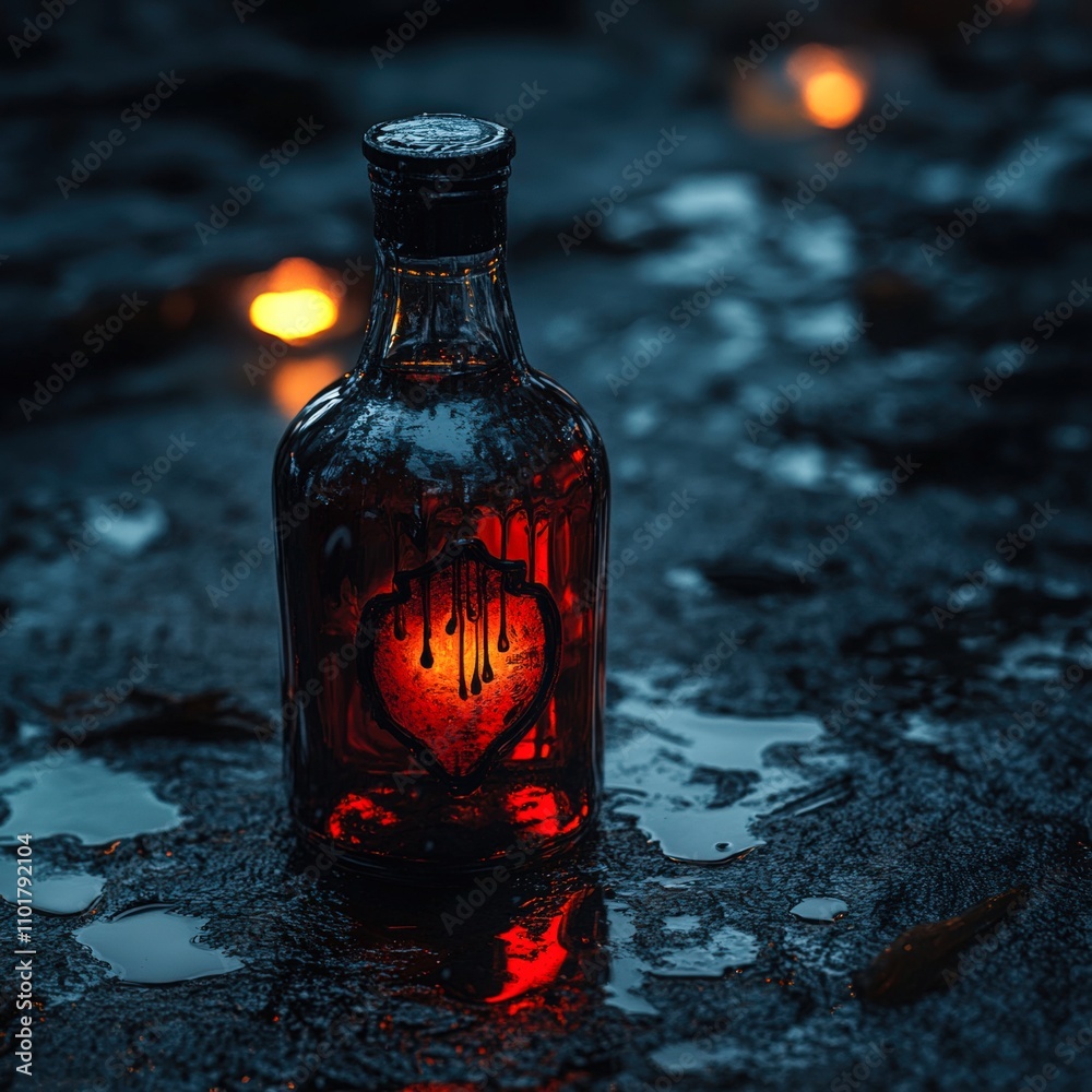 A darkly lit glass bottle with a heart design glows warmly, resting on a wet surface, creating a mysterious ambiance, This image is ideal for themes of love, mystery, or magic in design projects, A darkly lit glass bottle with a heart design glows warmly, resting on a wet surface, creating a mysterious ambiance, This image is ideal for themes of love, mystery, or magic in design projects,