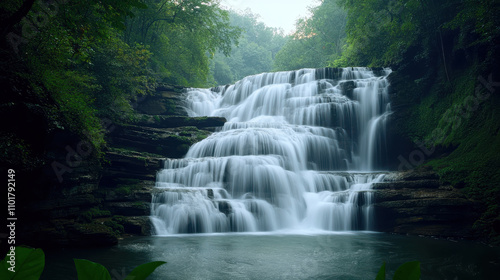 serene waterfall cascading over layered rocks in lush forest