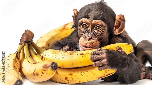 A mischievous monkey playing with a bunch of bananas, peeling them on a white background photo