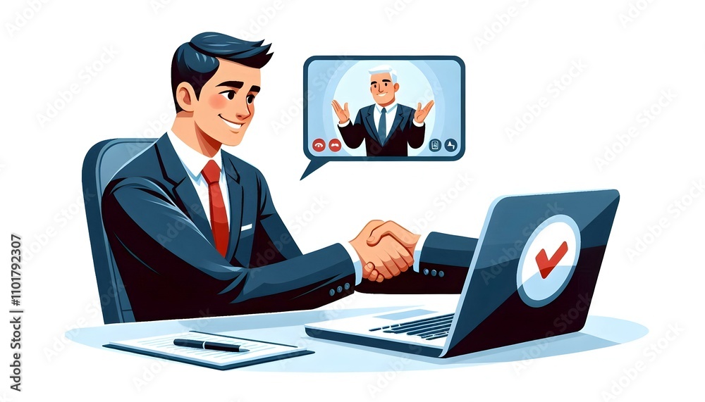Flat Businessman Shaking Hands Over Video Call Candid Image of Business Deal Technology Fusion Flat Businessman Shaking Hands Over Video Call Candid Image of Business Deal Technology Fusion