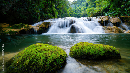 serene waterfall cascades over mossy rocks in lush forest