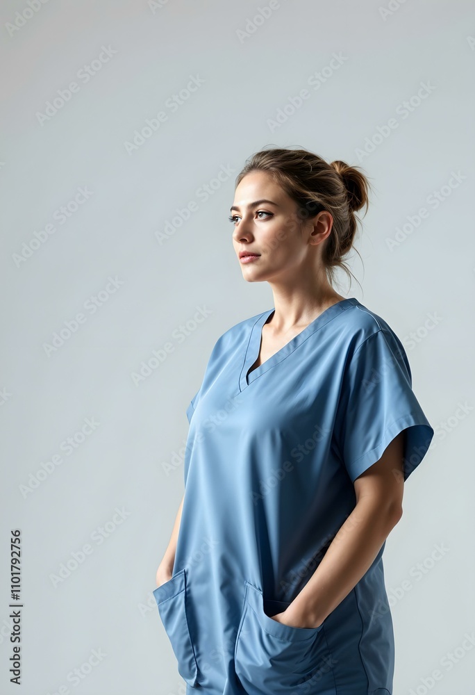 beautiful nurse standing wearing blue clothing portrait studio photo beautiful nurse standing wearing blue clothing portrait studio photo