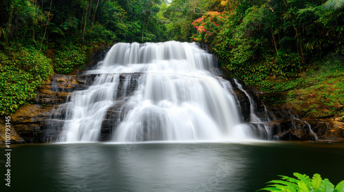 serene multi tiered waterfall surrounded by lush green forest