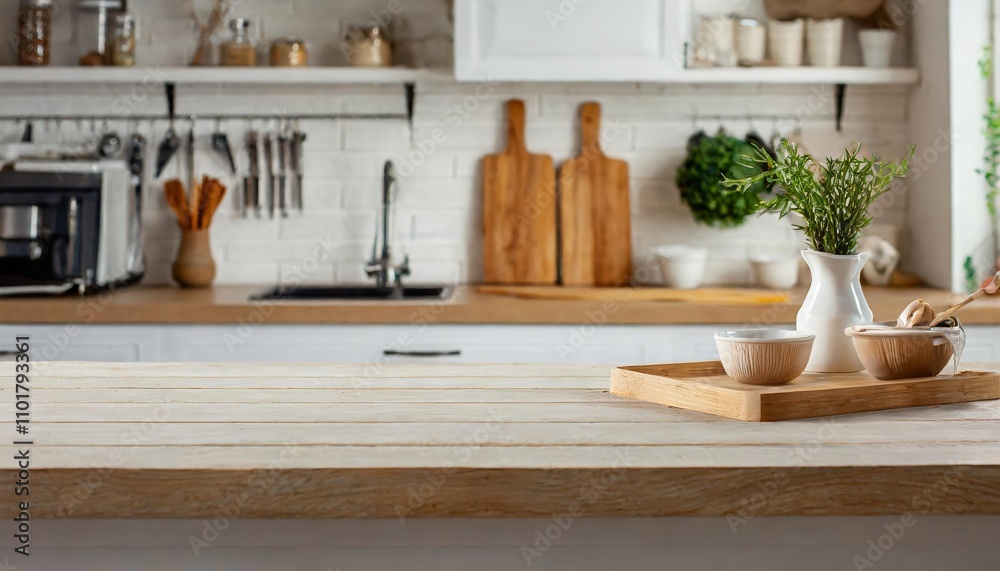 Modern wooden light empty table top in stylish white kitchen interior, ideal for showcasing products or design concepts, featuring a sleek kitchen panel as a clean background. Modern wooden light empty table top in stylish white kitchen interior, ideal for showcasing products or design concepts, featuring a sleek kitchen panel as a clean background.