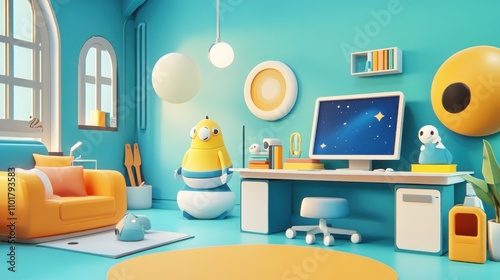 Wallpaper Mural Modern Cartoon Room Featuring Robot And Computer Torontodigital.ca