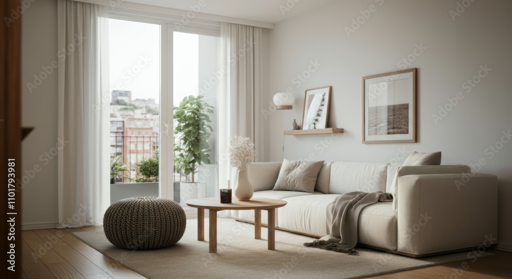 Fototapeta premium Modern minimalist living room with beige sofa and large window overlooking cityscape