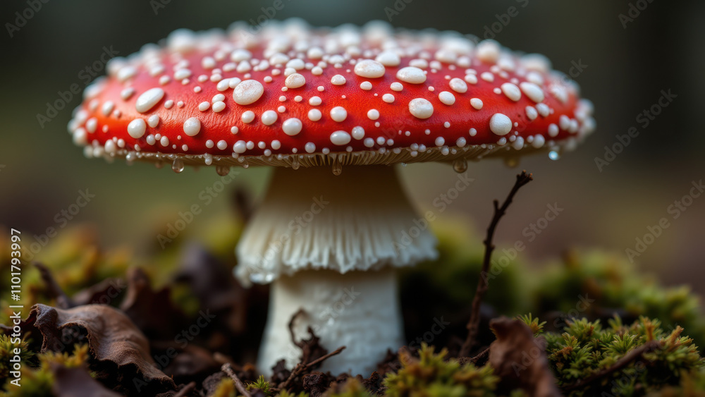 A close-up photograph showcasing a single vibrant red mushroom with white spots, commonly known as Muscimol, in natural setting. A close-up photograph showcasing a single vibrant red mushroom with white spots, commonly known as Muscimol, in natural setting.