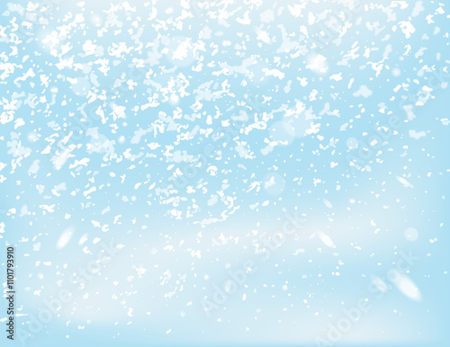 Winter snowfall vector background. Falling white snow in different shapes and forms. Christmas snowy background