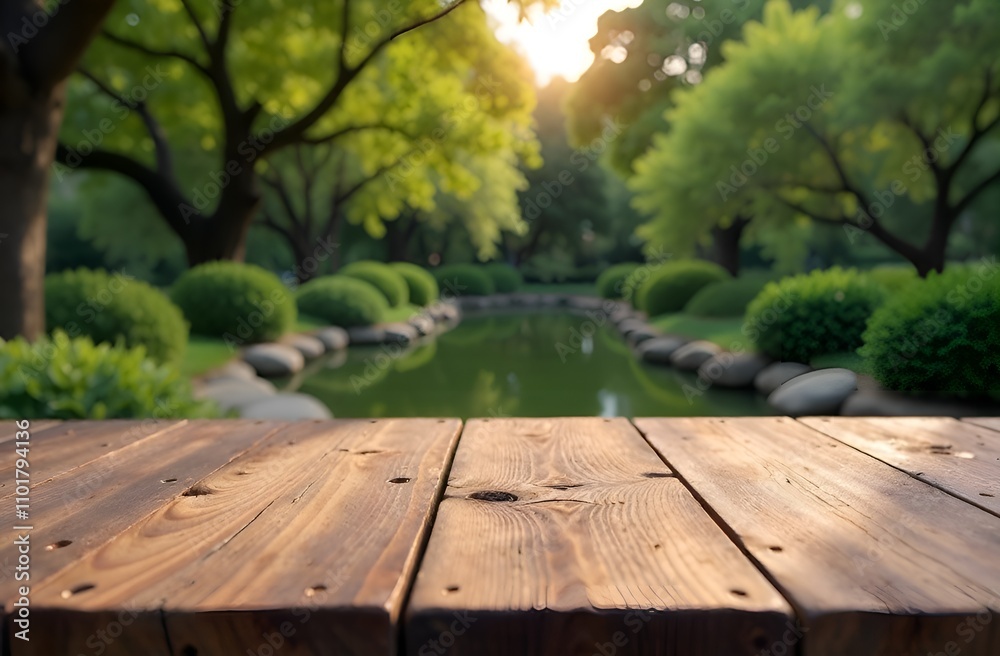 Wooden table with free surface, green forest with river in the background. Wooden table with free surface, green forest with river in the background.