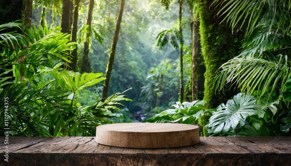 Elegant wooden podium set in a lush tropical forest, surrounded by vibrant greenery, ideal for natural product presentation or eco-friendly branding with a serene green background. Elegant wooden podium set in a lush tropical forest, surrounded by vibrant greenery, ideal for natural product presentation or eco-friendly branding with a serene green background.
