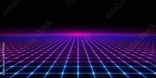 Futuristic neon grid landscape digital realm abstract art nighttime wide angle retro aesthetic for virtual experiences