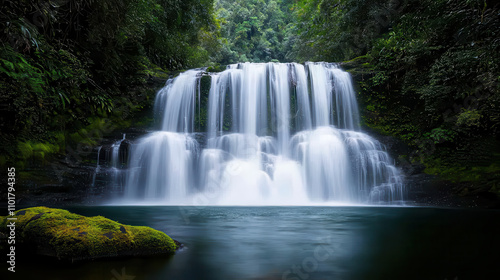 serene waterfall cascades over rocks, surrounded by lush greenery