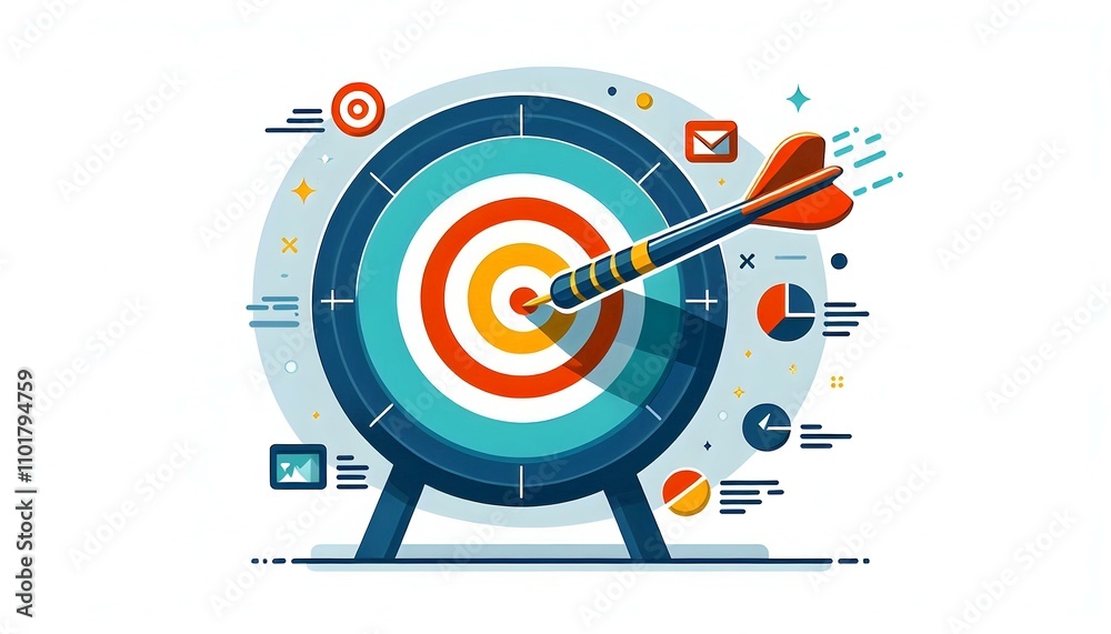 Flat Vector Illustration of Target with Dart Hitting Bullseye for Marketing Success and Business Goals Flat Vector Illustration of Target with Dart Hitting Bullseye for Marketing Success and Business Goals