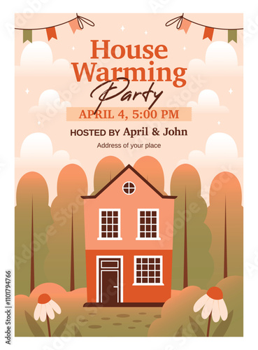 House Warming Party. Invitation template with cute vector illustration of village house, cottage, resident building on nature background with forest, flowers, plants, garlands, text. Flat Design.