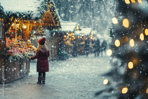 Happy Little Girl Admiring Christmas Tree at Festive Market photo