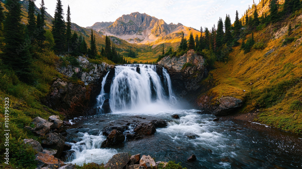 Majestic waterfall flowing through lush landscape with mountains Majestic waterfall flowing through lush landscape with mountains