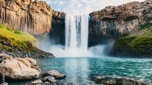 Breathtaking waterfall plunging into serene turquoise pool, surrounded by rocks