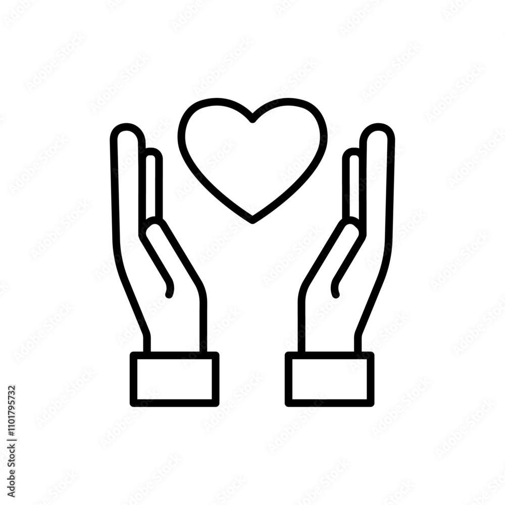 Heart and hands icon flat line symbol set. Heart and hands icon flat line symbol set.