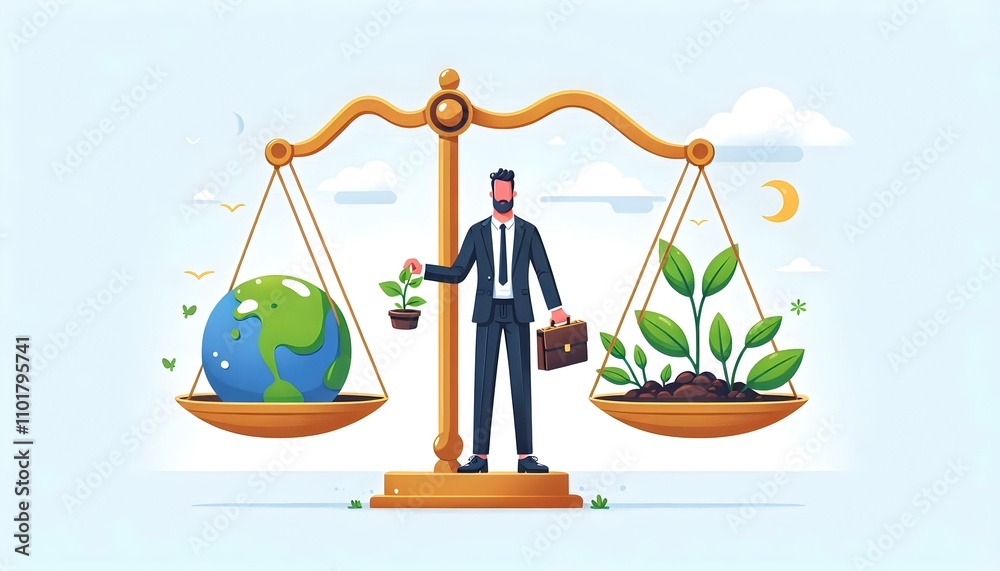 Flat Flying Scale Balancing Earth and Plant Concept Illustrating ESG Growth Compromise in Vector Art Flat Flying Scale Balancing Earth and Plant Concept Illustrating ESG Growth Compromise in Vector Art