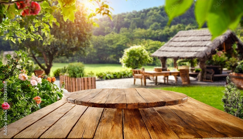 Elegant wooden table in a lush garden setting surrounded by vibrant greenery, showcasing a tranquil outdoor ambiance perfect for dining, relaxation, and enjoying natures peaceful charm. Elegant wooden table in a lush garden setting surrounded by vibrant greenery, showcasing a tranquil outdoor ambiance perfect for dining, relaxation, and enjoying natures peaceful charm.