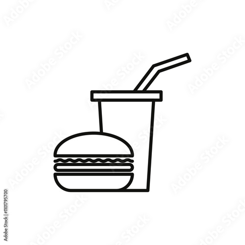 Hamburger and soft drink cup icon flat line symbol set.