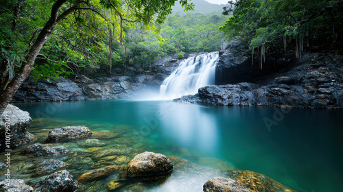 serene waterfall cascades over smooth rocks into tranquil pool