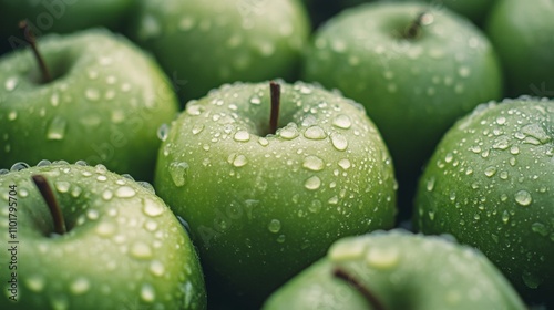 A close-up view of fresh green apples showing vibrant color and texture, covered in water droplets. They appear juicy and appealing, perfect for a healthy lifestyle photo