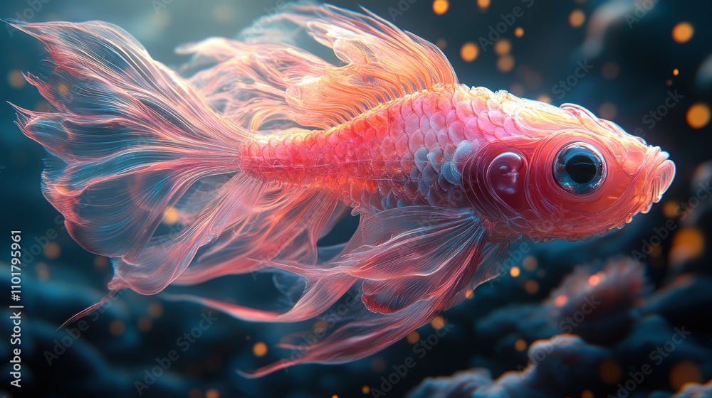 Here's a possible and keyword list for your stock photo.. Ethereal pink goldfish swims in dark water, glowing particles surround. Here's a possible and keyword list for your stock photo.. Ethereal pink goldfish swims in dark water, glowing particles surround.