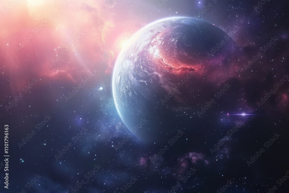 Fototapeta premium Breathtaking view of a distant planet with vibrant cosmic clouds and a shining star.