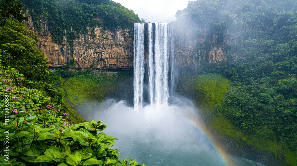 Majestic waterfall plunging into lush green landscape with rainbow