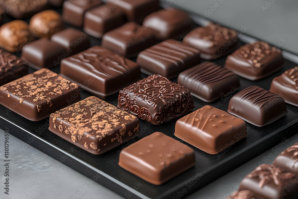 An assortment of gourmet chocolate squares arranged on a black tray. An assortment of gourmet chocolate squares arranged on a black tray.