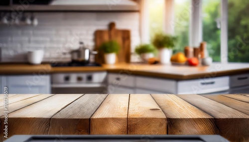 Rustic Wooden Table in Front of Blurred Modern Kitchen Interior: Perfect Backdrop for Product Displays, Culinary Creations, or Cozy Home DÃ©cor Concepts