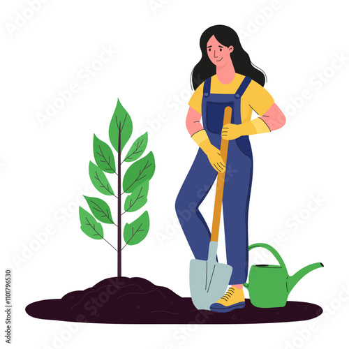 A woman is planting a small tree in the garden.