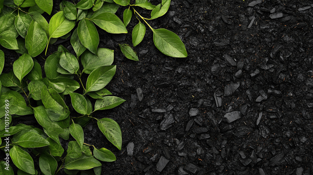 Naklejka premium Lush Green Leaves on Dark Soil Background