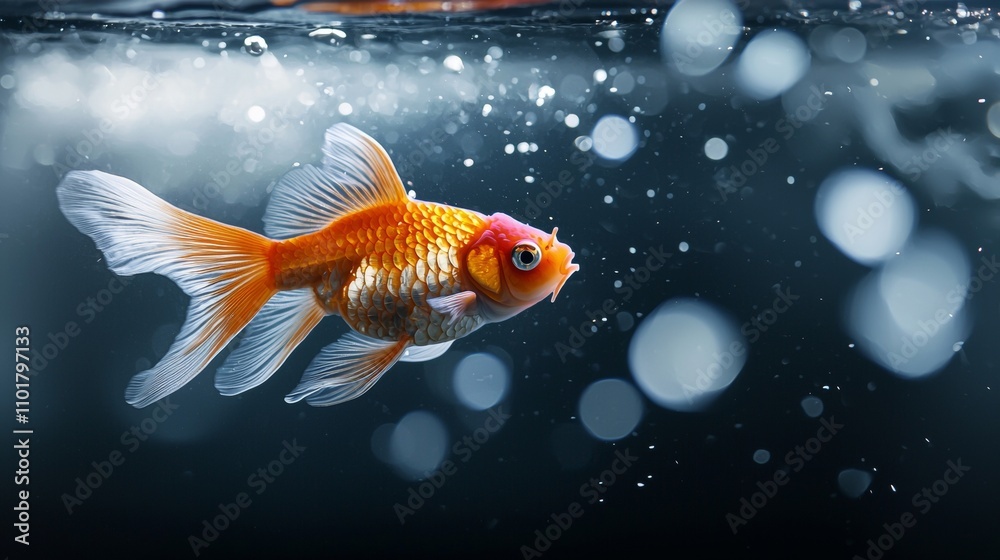 Goldfish swimming in illuminated water