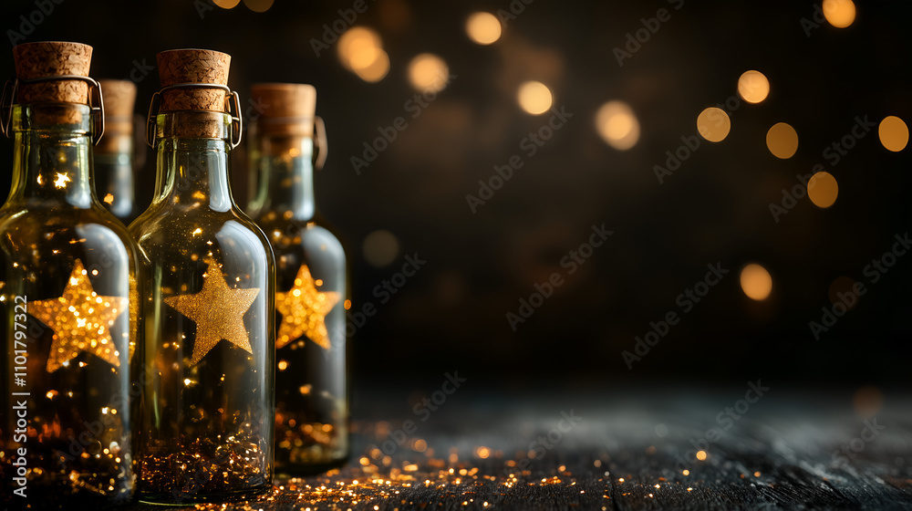 row of glass bottles with corks filled with star row of glass bottles with corks filled with star